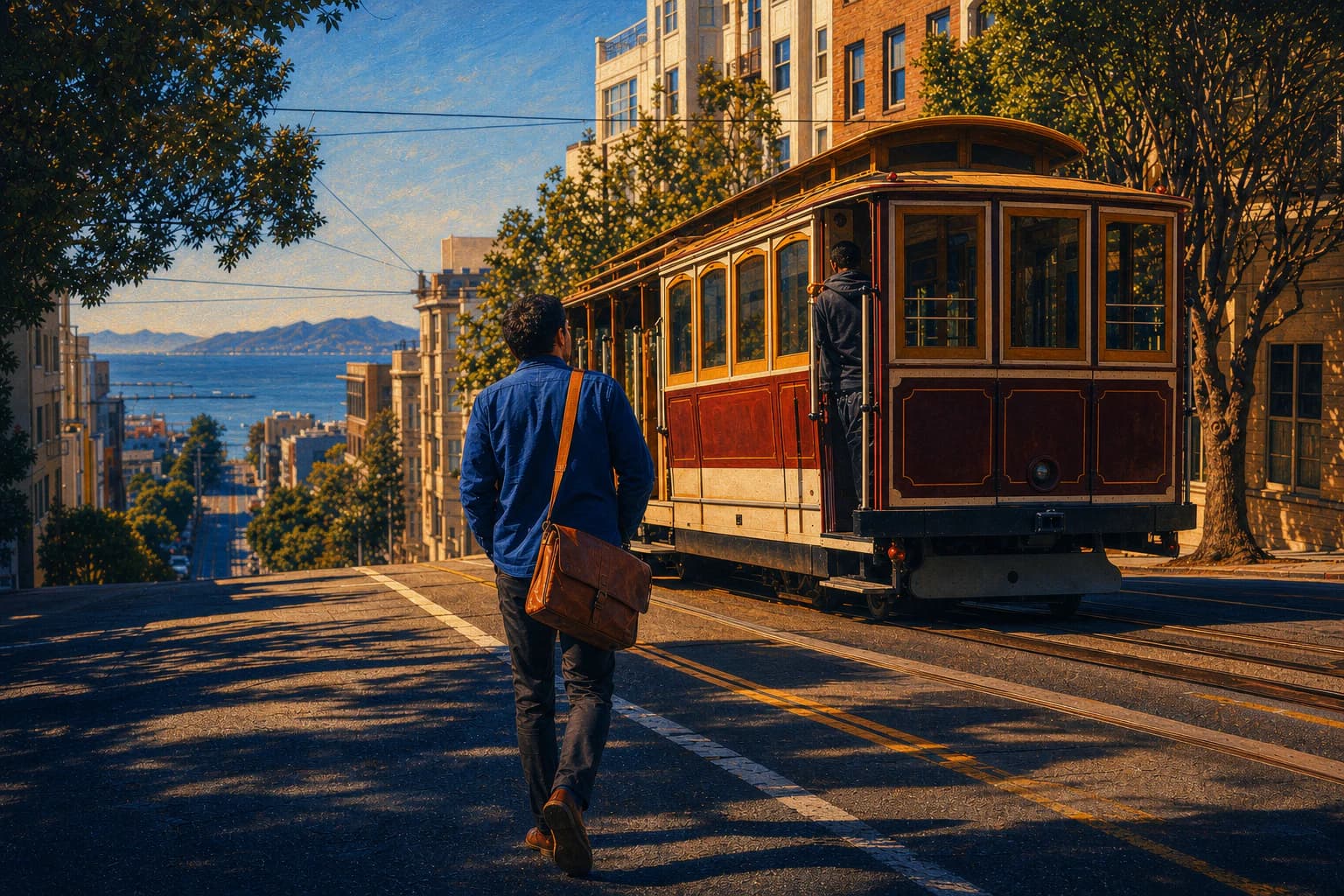 The founder walks uphill beside a cable car on the way to work.