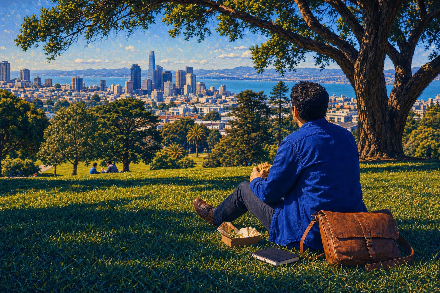 The founder pauses over lunch in a hilltop park overlooking San Francisco.
