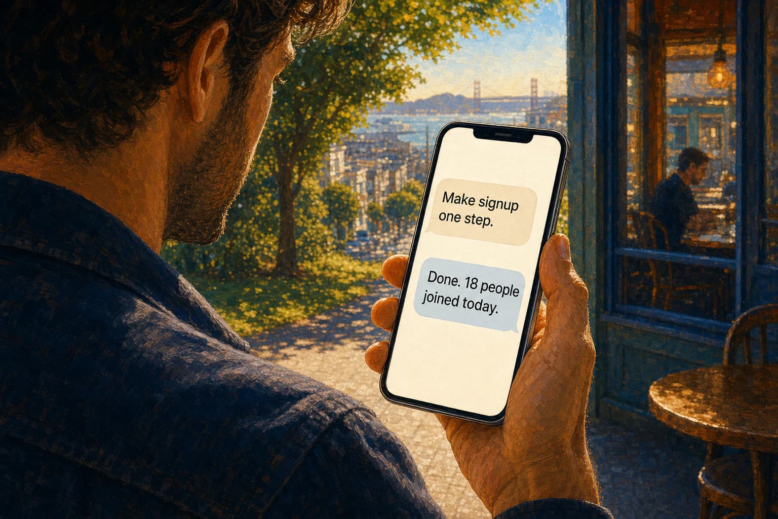 A founder holds a phone with a Heidi conversation: “Make signup one step.” Heidi replies, “Done. 18 people joined today.”