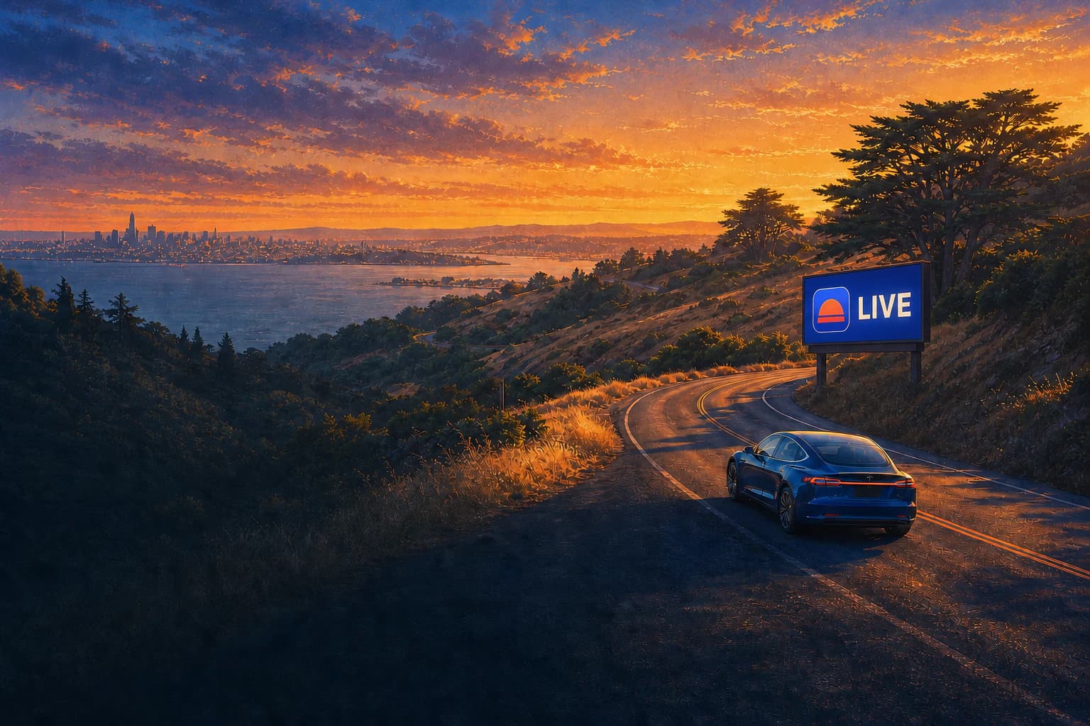 A founder drives home past a billboard showing that their app is live.