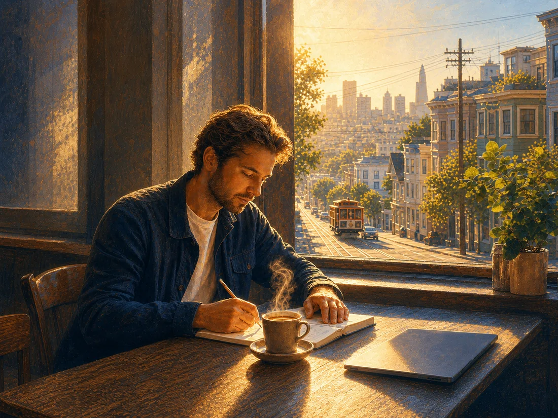 A founder sketches a product idea over coffee in a San Francisco café.